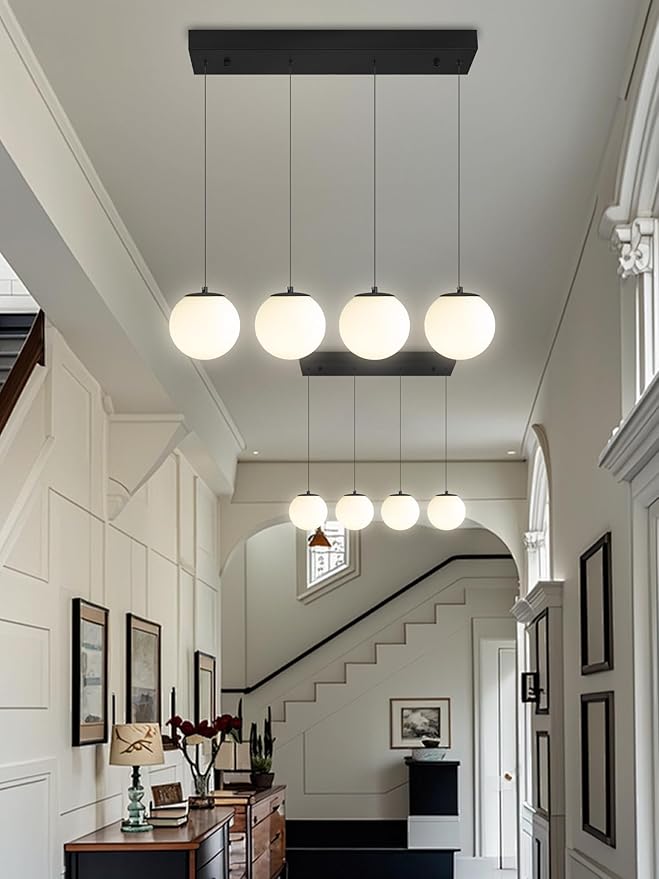 Dining Room Light Fixture 4-Light Black Kitchen Island Lighting Globe Glass Chandeliers for Dining Room Over Table Pendant Light Fixture for Living Room Hallway Bedroom