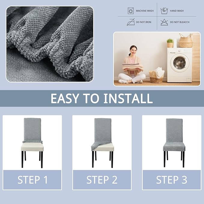 Chair Covers for Dining Room Set of 6, Washable Parson Chairs Slipcover Kitchen Seat Protector for Home, Party, Hotel, Banquet (Chenille Grey)