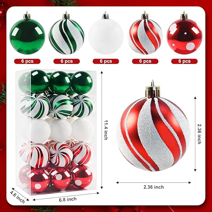 30pcs Christmas Balls Ornaments - 2.36" Red & Green & White Xmas Balls Decoration, Shatterproof for Christmas Tree & Party Event (Style-22)