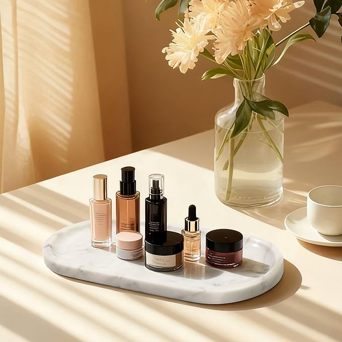 Natural Marble Tray for Vanity, 2" L x 6" W White and Gray Marble Tray with 4 Non-Slip Silicone Gaskets, Decorative Tray for Perfume, Jewelry, Coffee Table, Kitchen, Dresser Organizer