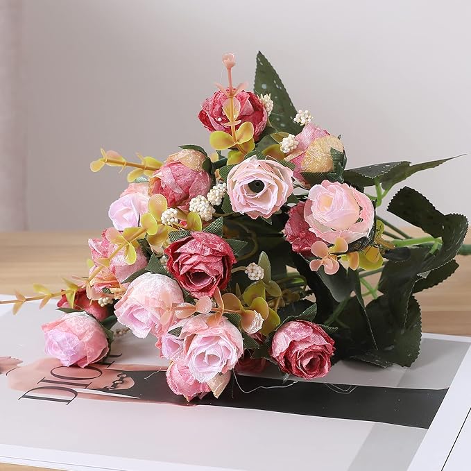 Duovlo 7 Branch 21 Mini Rose Heads Artificial Flowers Bouquet Wedding Home Office Decor,Pack of 4 (Pink)