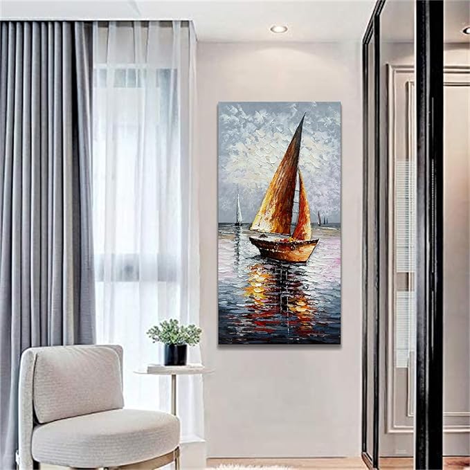 zoinart Sailboat Oil Paintings on Canvas 24x48 Inches Modern Abstract Vertical Wall Art Sailing Boat On The Sea Acrylic Artwork Living Room Bedroom Home Decorations