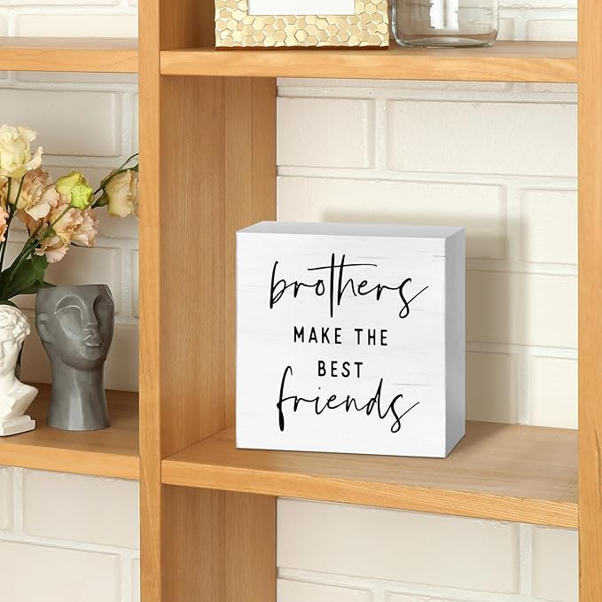 JXREQ Kids Boy Nursery Wall Desk Decor Wood Box Sign, Brothers Make The Best Friends Signs, Boys Bedroom Bathroom Playroom Toddler Classroom Decor, 5x5 Inch