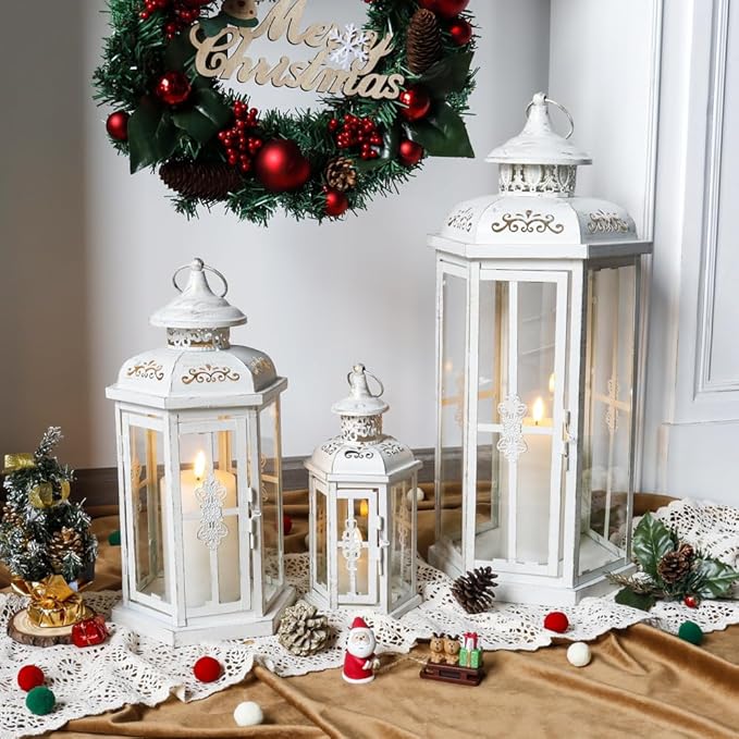 JHY DESIGN Set of 3 Decorative Candle Lanterns 20''&14"&10" H Outdoor Candle Lanterns Vintage Metal Cand leholder for Indoor Outdoor, Events, Parities and Weddings(White with Gold Brush)