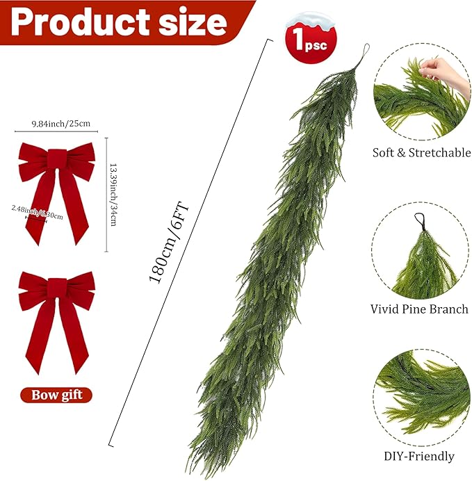 6FT Artificial Norfolk Pine Garland Includes 2 Red Bows, Real Touch Faux Greenery Garland for Home, Wedding, Party Decor - Mantle, Staircase, Indoor Outdoor