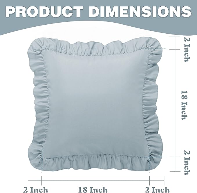 KKJIAF Ruffle Pillow Cases 18x18 Inches, Dusty Blue Square Ruffled Pillow Covers Set of 2, Microfiber Wrinkle Resistant Pillow Shams with Envelope Closure for Sofa Bed Living Room