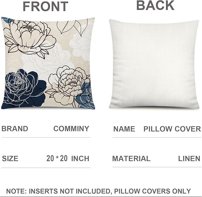 Blue White Pillow Covers 20x20 Set of 6, Daisy Flower Throw Pillow Cover Case, Modern Floral Couch Pillow Cover for Sofa Living Room Farmhouse Home Decor