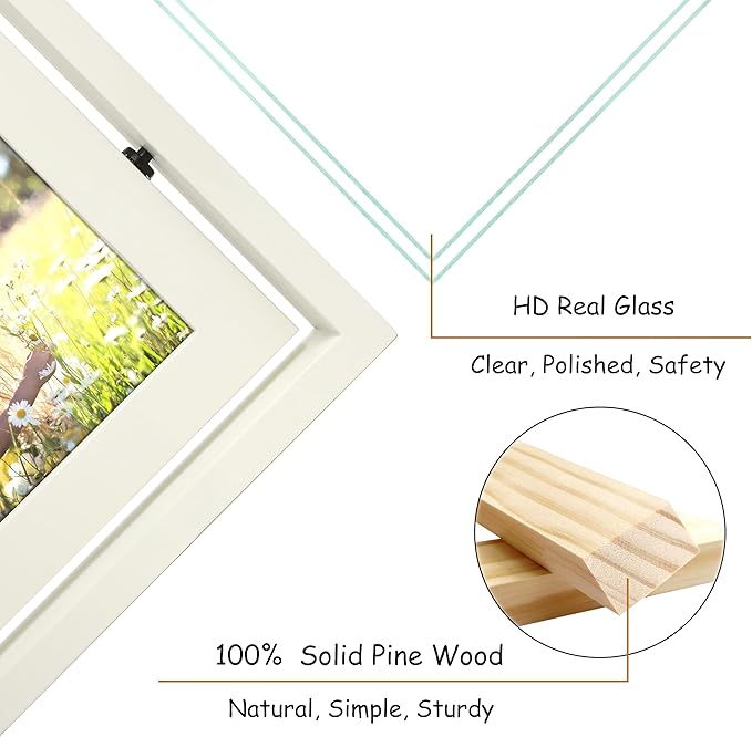 4x6 Double-Sided Rotating Floating Picture Frames (2 Pack, White), Solid Pine Wood with Real Glass for Horizontal Vertical Standing Display Desk Tabletop Photo Frames