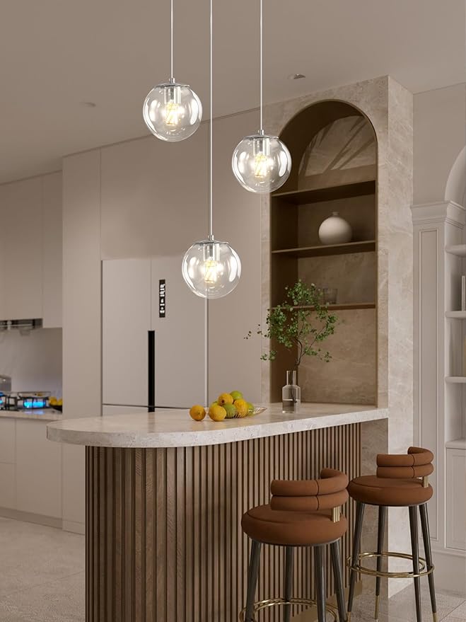 3-Light Chrome Pendant Lighting Modern Mini Chandeliers,Adjustable Clear Glass Pendant Light Fixture for Kitchen Island Dinning Room Bedroom