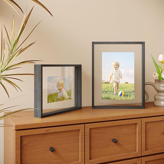 Egofine 9x12 Floating Frames Set of 2, Double Plexiglass Picture Frame, Made of Solid Wood Display Any Size Photo up to 9x12, Wall Mount or Tabletop Standing, Faded Black