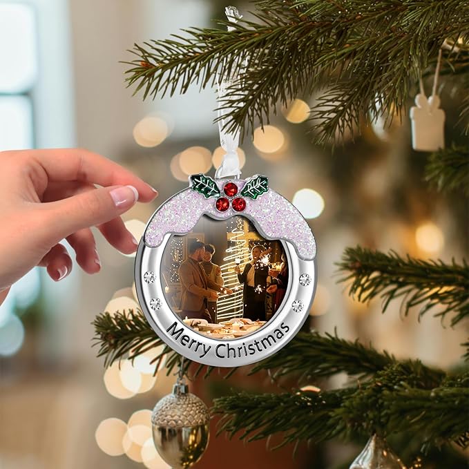 Christmas Tree Ornament - Decorative Hanging 2025 Holiday Keepsake Gift Pendant with 2.5X2.5 Inch Photo Frame Insert for Picture of Pet(Circle-Snow)
