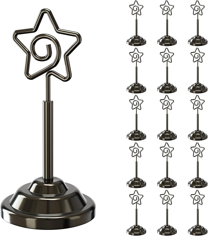 Urban Deco 16 Pieces Table Card Holder Place Card Holders 4 inches Steel Card Holders for Photos, Food Signs, Memo Notes, Weddings, Restaurants, Birthdays (Nickel Black Pentagram)