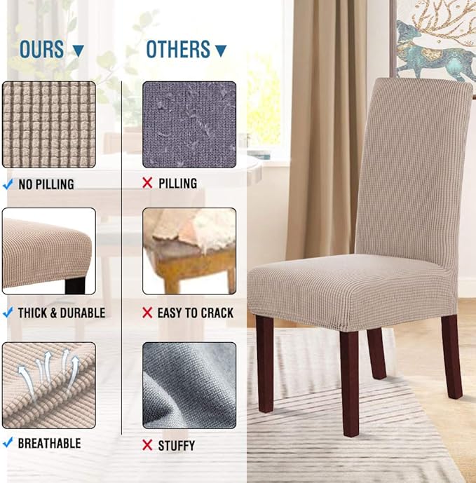 H.VERSAILTEX Stretch Dining Chair Covers Set of 6 Chair Covers for Dining Room Parsons Chair Slipcover Chair Protectors Covers Dining, Feature Textured Checked Jacquard Fabric, Sand