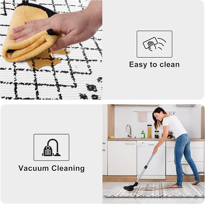 KIMODE Kitchen Mats for Floor Cushioned Anti Fatigue, Boho Kitchen Rugs Sets of 2, Non Slip Kitchen Floor Mats,Comfort Standing Mats for Sink Laundry Desk Black and White 20"x71"+20"x32"