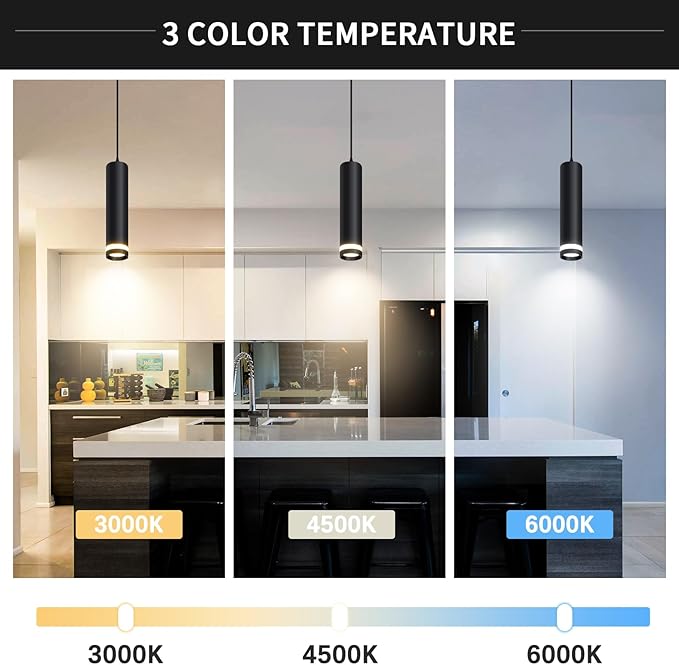 OKELI Modern Pendant Lights, Black LED Pendant Lights Fixtures,3 Color Pendant Lighting for Kitchen Island, Bar,12W,3000K-6000K,ETL(1pack)