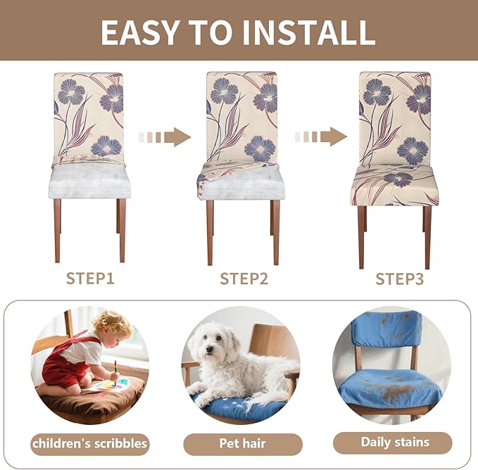 Stretch Dining Chair Covers Set of 4,Floral Print Chair Covers,Soft Removable Washable,Pet Friendly Furniture Protector,Universal Chair Slipcovers for Home, Kitchen,Ceremony Dining Room Seat