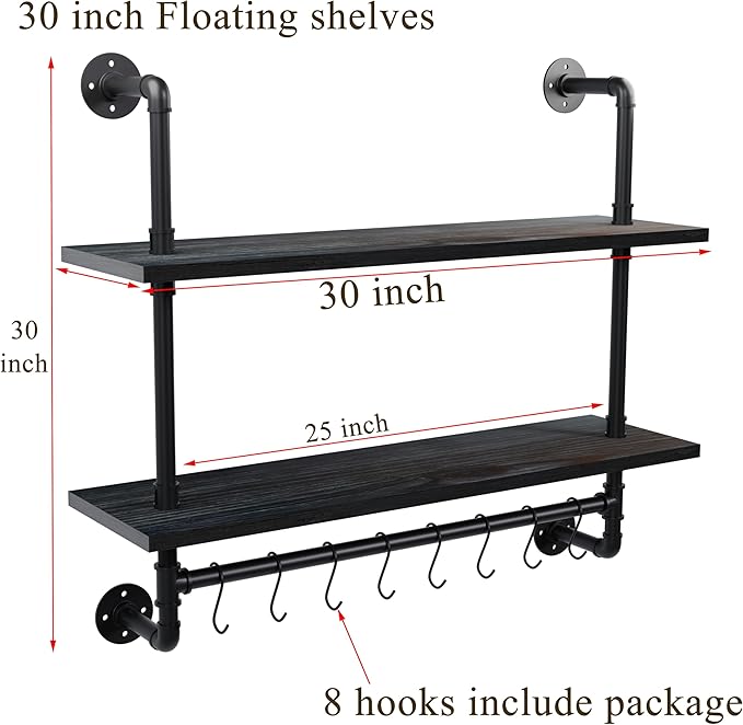 ROGMARS Industrial Pipe Shelving Pine Wood Floating Shelves for Wall, 30 inch Kitchen Wall Mounted Shelves Bathroom Shelves with Towel Bar Coffee Bar Shelf with Hooks for Living Room Bedroom