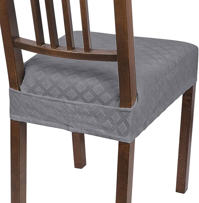SearchI Stretch Dining Chair Seat Covers Set of 4, Soft Removable Washable Seat Covers for Dining Chairs, Dining Room Seat Cover Slipcover Protector (Rear-Covered, Grey Diamond Jacquards)