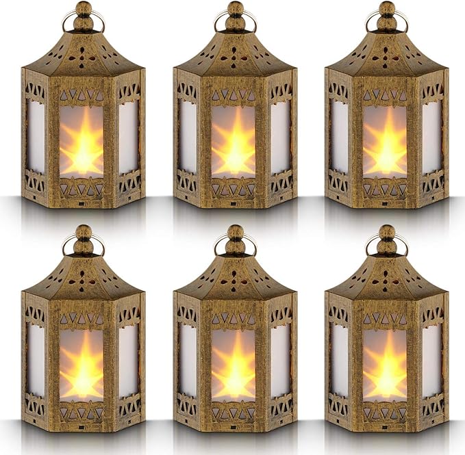 Mini Star Lantern with Flickering LED,Battery Included,Decorative Hanging Light,Christmas Decoration,Indoor Candle Lamp,Battery Lantern Indoor Use,Zkee(Set of 6 Copper Brushed)