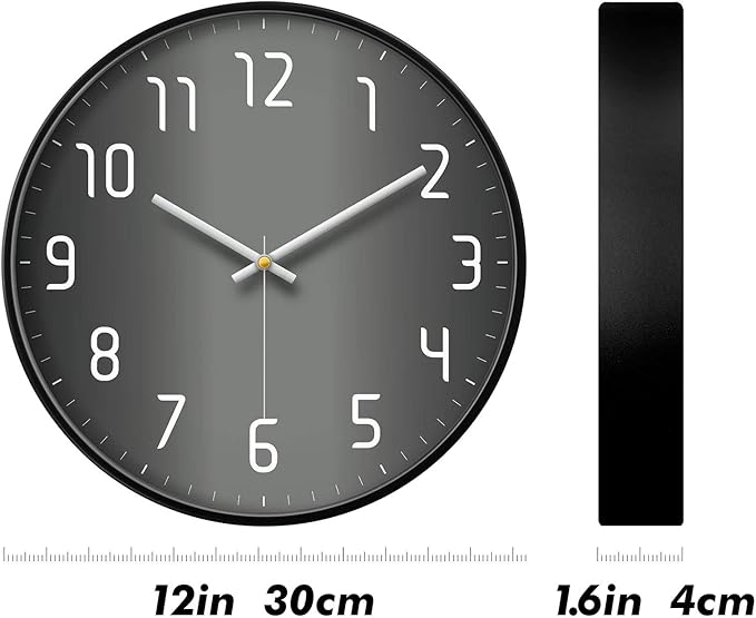 Modern Wall Clock Silent Non Ticking Cool Clocks for Wall Black&Grey Large Office Analog Small Battery Operated Wall Clock for Bedroom Kitchen Living Room Decorative Cool Unique Reloj De Pared 12inch