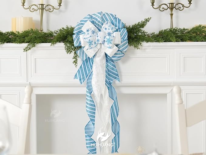 HUIHUANG Blue and White Christmas Tree Topper Bow 13 inch x 45 inch Large Christmas Bows Snowflake Velvet Bows for Christmas Tree Ornament, Wreaths, Staircase, Mantel, Home Decor