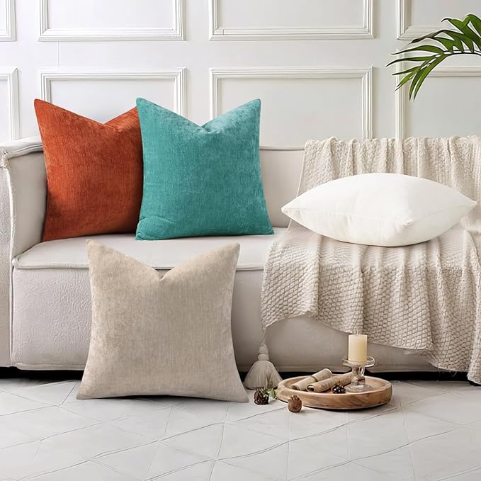 decorUhome Chenille Turquoise Throw Pillow Covers 22x22 Inch Set of 2, Decorative Soft Couch Pillow Covers Solid Dyed Accent Farmhouse Neutral Square Pillow Cases for Sofa Bed Living Room