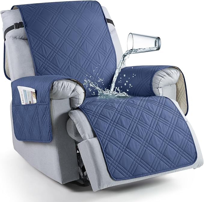 TAOCOCO Waterproof Recliner Chair Cover, Non Slip Oversized Recliner Covers for Recliner Chair with Pocket, Reclining Chair Cover Furniture Protector for Kids, Pets(Oversized Recliner, Ocean Blue)