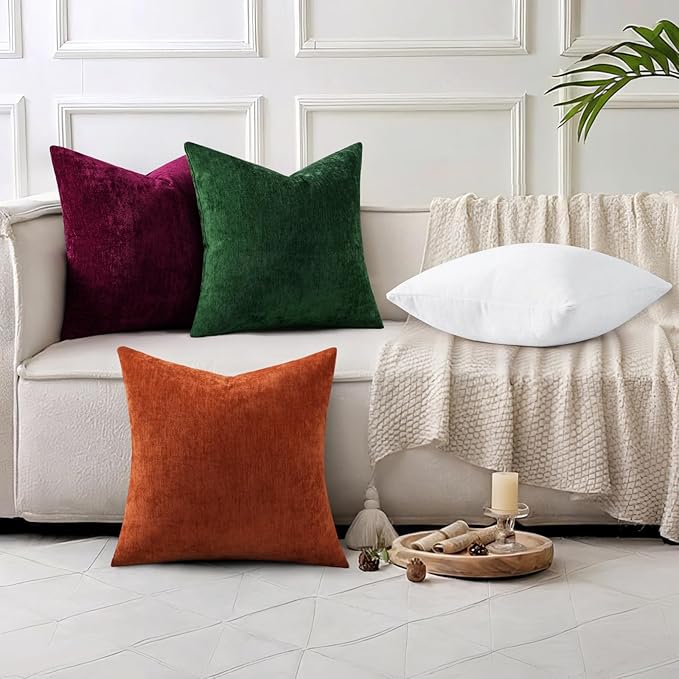 decorUhome Chenille Burgundy Christmas Throw Pillow Covers 18x18 Inch Set of 2, Decorative Soft Couch Pillow Covers Solid Dyed Accent Farmhouse Neutral Square Pillow Cases for Sofa