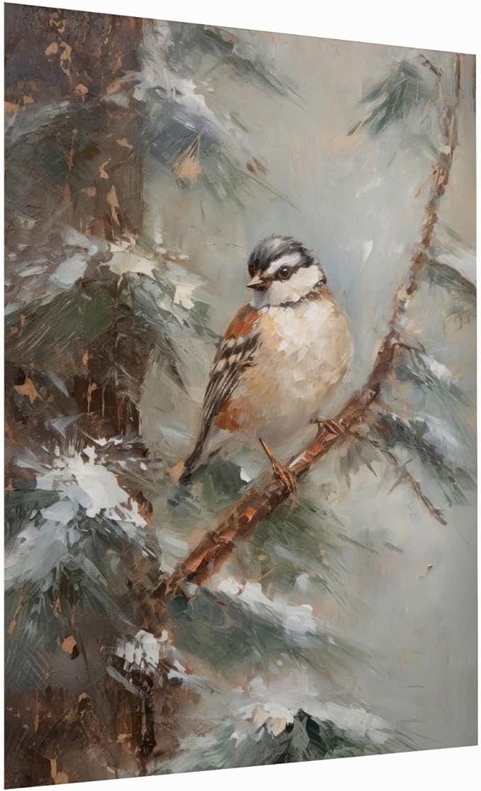 VintageChristmas Bird Wall Art,Winter Bird Poster, Christmas Tree Christmas Decor,Bird Art,Rustic Winter Art,Christmas Seasonal Decor,Holiday Decor 12x16inch Unframed