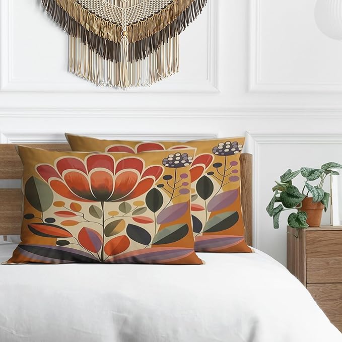 Boho Floral Pillow Protectors with Zipper Standard Size Matisse Botanical Print Pillow Covers Set of 2 Abstract Pillowcases Midcentury Modern Colorful Flower Bed Pillow Covers 30"X20" Orange