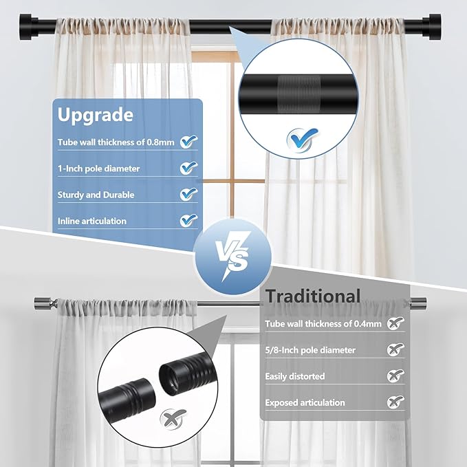 2 Pack Black Curtain Rods for Windows 66 to 120 In(5.5-10ft),1 Inch Heavy Duty Curtain Rods,Long Adjustable Curtain Rod,Modern Drapery Rods,Telescoping Window Curtains Rod 30-120",Matte Black
