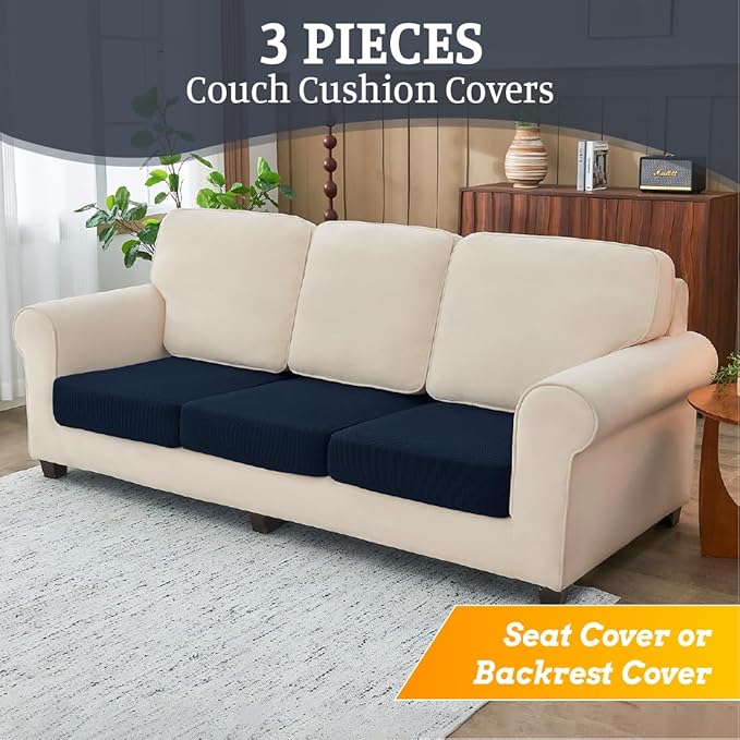 Sectional Couch Covers for Sofa Cushion L Shaped Couch Cover Washable Soft Couch Cushion Covers Stretch Sofa Slipcovers(3-Piece for Sofa Seat or Backrest, Navy)