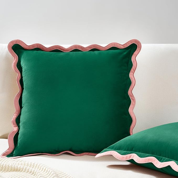 MONDAY MOOSE Decorative Throw Pillow Covers Cushion Cases, Set of 2 Soft Velvet Scalloped Wavy Edge Designs, Mix and Match for Home Decor, Pillow Inserts Not Included (22x22 inch, Pink/Green)