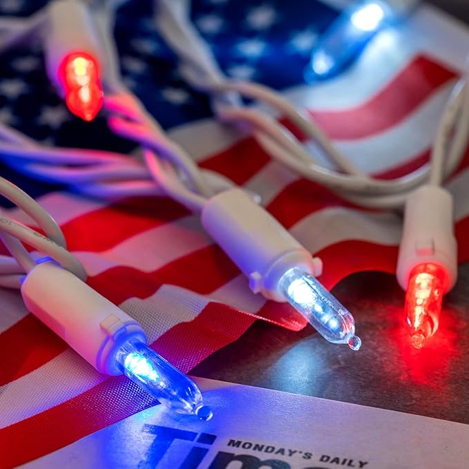 200 Count Red White and Blue LED Christmas Lights, 66 ft White Wire UL Certified Commercial Grade Holiday String Light Set (Red White & Blue)