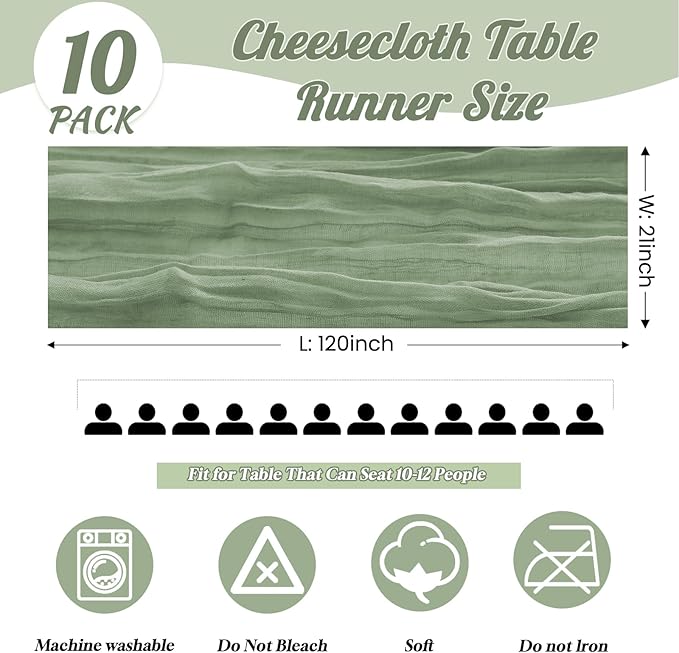 10 Pack Sage Green Cheesecloth Table Runner,10FT/120 Inch Boho Gauze Fabric Table Runner,Rustic Sheer Sage Green Cheese Cloth Runner Bulk for Wedding,Bridal Baby Shower,Birthday Party,Table Decor