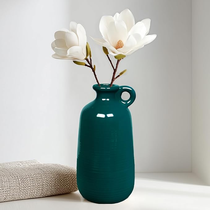 Sunddo Green Ceramic Vase 10 Inch - Modern Decorative Vase with 1 Handle, Table, Shelf Bookshelf,Mantel,Entryway Decor and Centerpieces