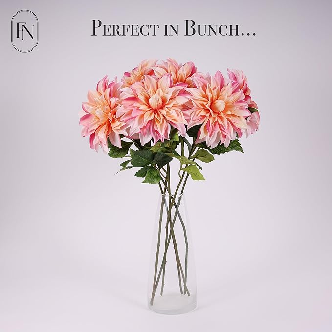 Artificial Peach Dahlia 6 Large Heads with Stem Faux Fake Silk Flower Decor for Vase Bouquet Home Living Room Indoor Outdoor Wedding Spring Summer All Seasons DIY Decoration Arrangement