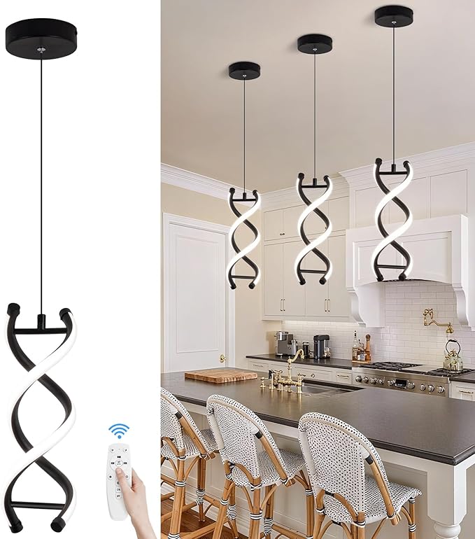 CANEOE Spiral Led Pendant Light Fixture,15W Dimmable Modern Integrated LED Pendant Lamp, Adjustable Height Kitchen Island Hanging Light Fixture for Living Room Bedroom Kitchen Sink, 1 Pack (Black)