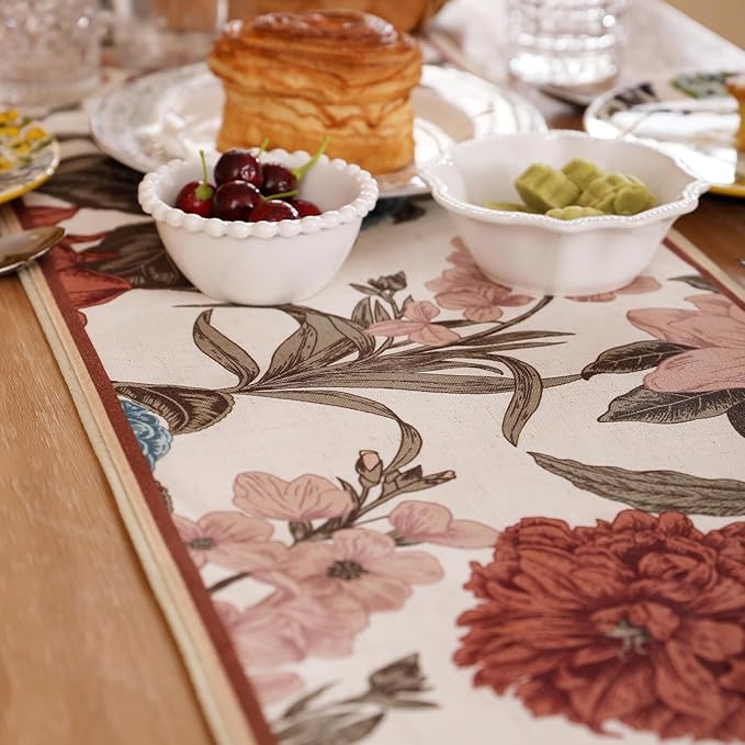 Linen Fall Table Runner 71 Inches Long,Vintage Rustic Farmhouse Blue and Red Flower Table Runners,Table Decoration for Christmas Thanksgiving Home Party Kitchen.12*71"-Burgundyred