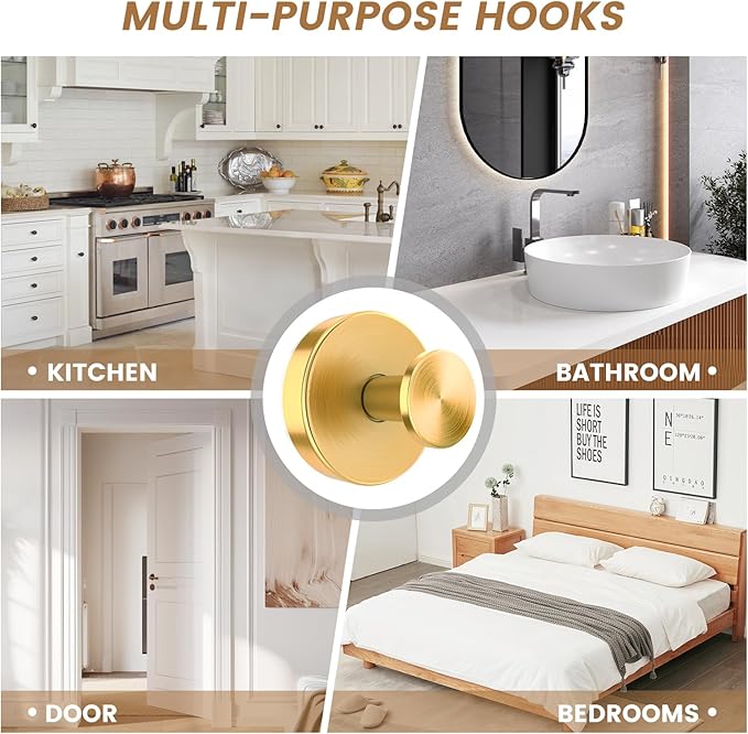 BKV Suction Cup Hooks for Glass Window,Removable Shower Hooks for Inside Shower,Metal Towel Hooks for Bathrooms,4 Pack(Gold)