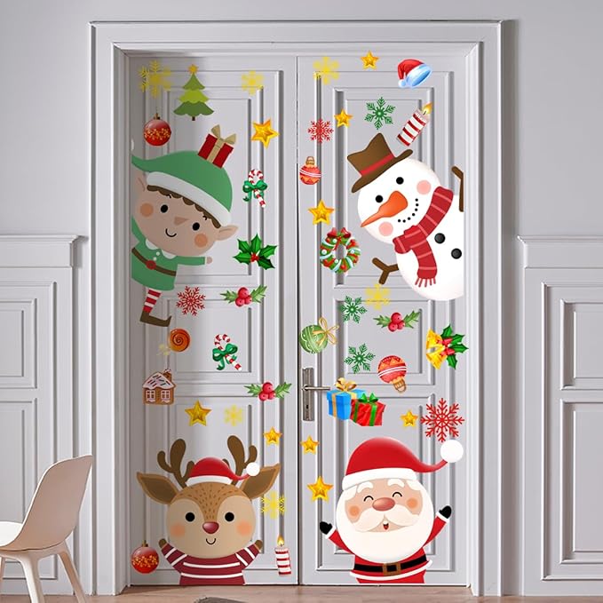 34.37 x 30.62 Inch Large Christmas Door Stickers Decor Removable Elk Santa Claus Reindeer Snowman Cute Penguin Bear Snowflake Decal for Window Door Refrigerator Home Bedroom Festival Party Decorations