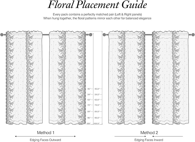 White Semi-Sheer Curtains 2 Panels – Vintage Floral Lace for Bedroom/Kitchen, Airy Rustic Privacy Light Filtering Rod Pocket Window Drapes, Elegant Chic Victorian Pattern Design, 52W x 45L Inch