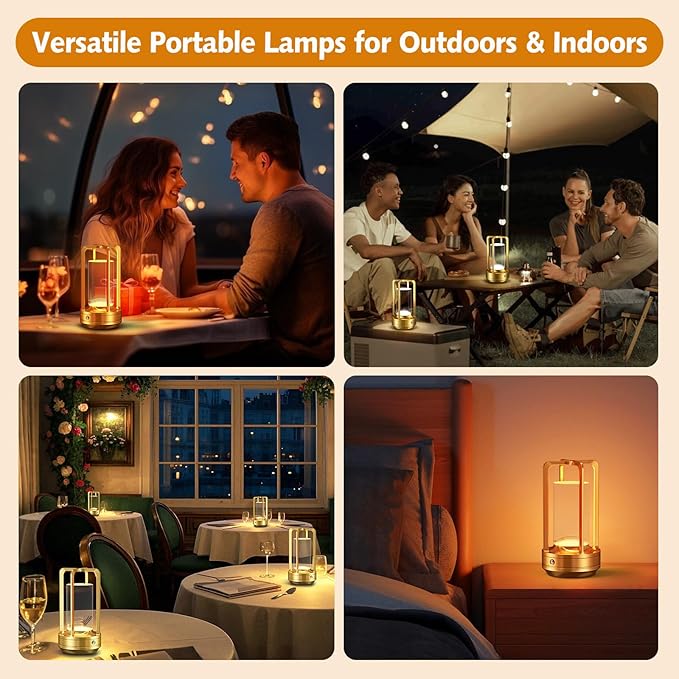 Portable Table Lamp for Outdoor Indoor: Cordless Rechargeable Desk Lamp with 3 Color Stepless Dimmable - Metal Battery Operated Lantern Light for Bedroom/Bar/Coffee Shop/Camping (Gold (2 Pack))