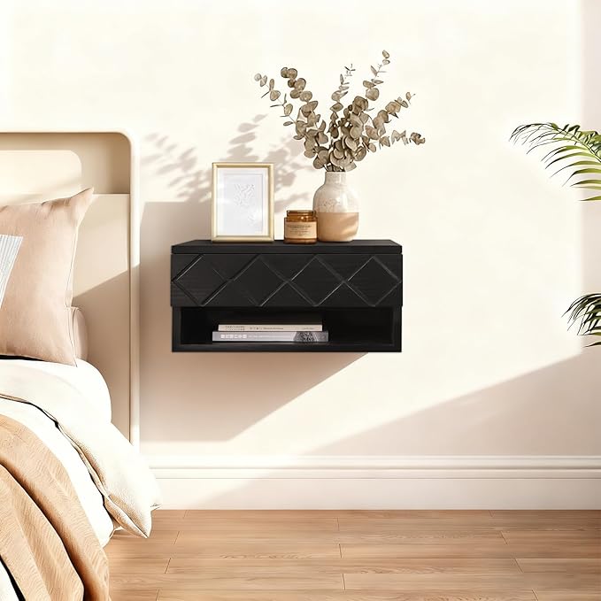 Floating Nightstand, Small Modern Floating Nightstand with Drawer, Floating Shelves for Bedroom, Bathroom Minimalist and Unique Style 16”x 10”x 8”Black