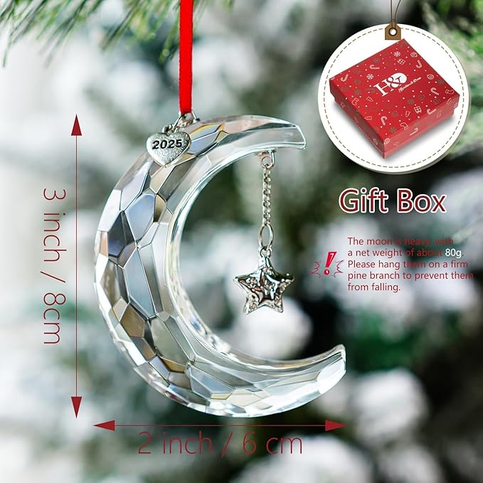 H&D HYALINE & DORA 2025 Christmas Moon Ornament Crystal Christmas Moon Hanging Ornament Clear Crystal Suncatcher Ornament for Xmas Winter Party Home Decor