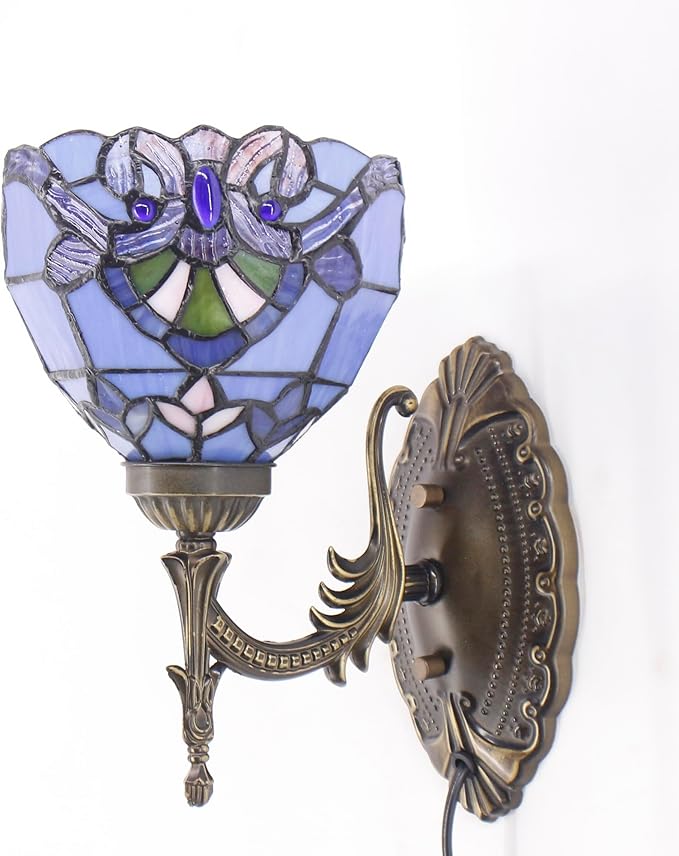 Tiffany Wall Sconce Lamp Plug in 6X8.5X11 Inch Stained Glass Wall Light Mount Fixture for Hallway Bedroom (Blue Baroque)