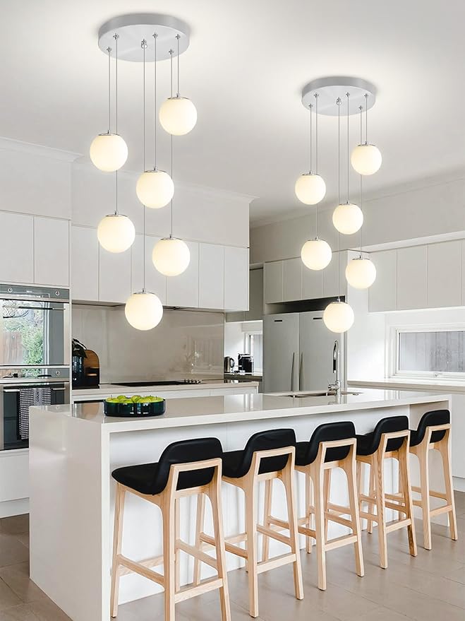 6-Light Silver Chandelier with White Globe Glass Dimmable Ceiling Light Glass Pendant Light for Kitchen Island, Dining Room, Living Room, Entry Hallway, LED Bulbs Included