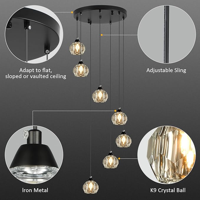 Crystal Chandeliers for Staircases, 7-Light Black Modern Chandeliers for High Ceilings，Crystal Pendant Light Fixture for Living Room Kitchen Island Foyer Hallway Bar