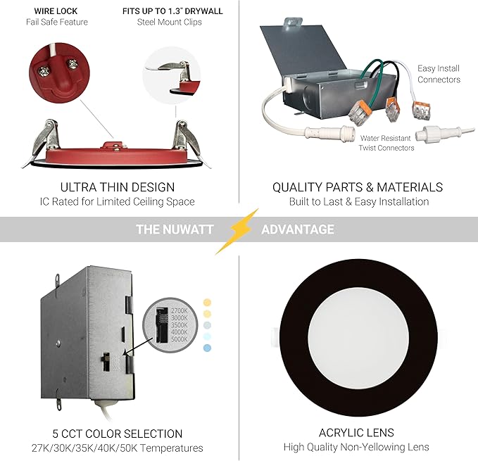 NUWATT 2 Hour Fire Rated Recessed Lighting 4 Inch Wafer LED Lights, 5 CCT 2700K/3000K/3500K/4000K/5000K, Wet & IC Rated, CRI 90 Black Recessed Lighs, 12W, Dimmable 900LM, No Tenmat Needed, ETL, 6 Pack