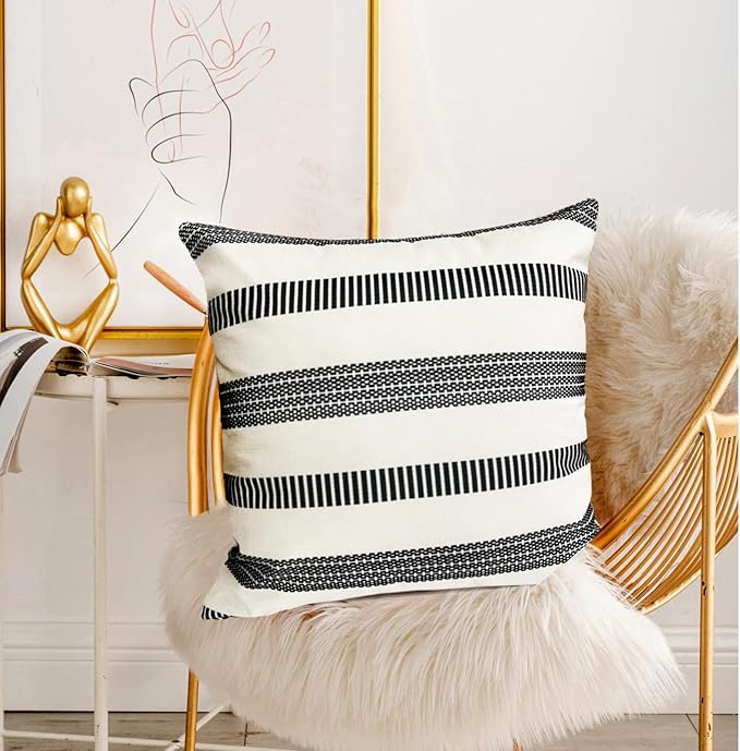 Decorative Throw Pillow Covers Set of 2 Black Boho Striped Pillow Covers 16x16 Inch Throw Pillow Cover Linen Pillowcase Farmhouse Outdoor Pillow Covers for Couch Sofa Bed Living Room